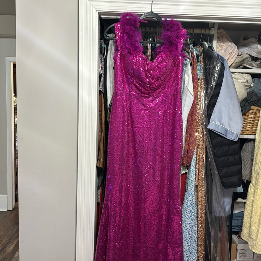 Fashion Nova - pink, feathered, sequined gown medium